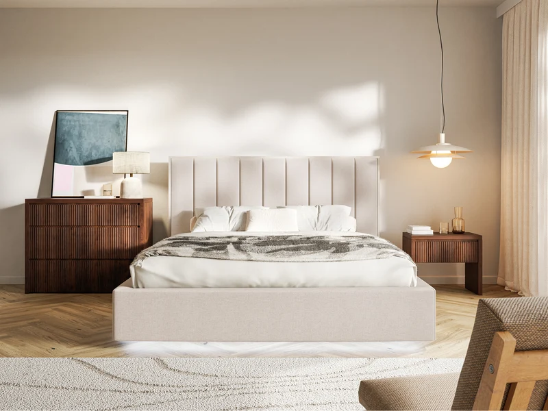 Gepolstertes Bett 140x200 cm Togents mit LED-Beleuchtung, beige Chenille, wasserabweisend