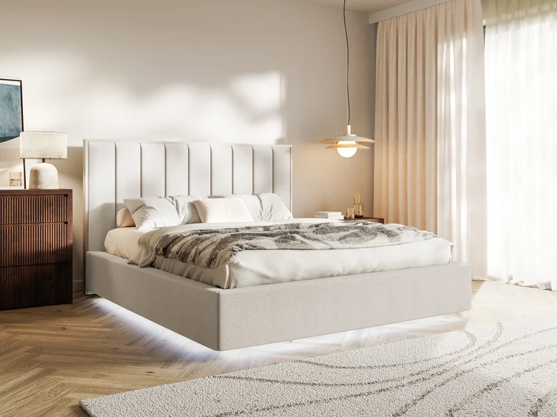 Polsterbett 140x200 cm Togents mit LED-Beleuchtung, hellbeige, hydrophobes Chenille