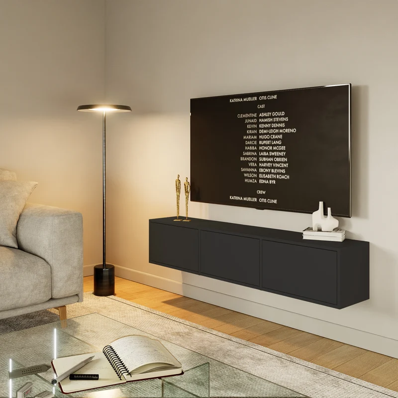 Hängender TV-Schrank Framme mit drei Klappen, 150 cm, schwarz