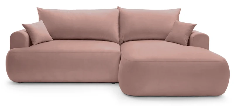 Ecksofa mit Schlafunktion Ovo, L-förmig, rechtsseitig, mit Stauraum, hellrosa, wasserabweisender Samt
