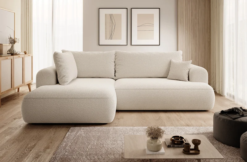 Ecksofa mit Schlaffunktion Ovo, L-förmig, mit Armlehne und Stauraum, beige Bouclé, linksseitig