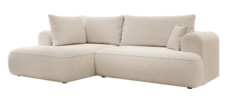 Ecksofa mit Schlaffunktion Ovo, L-förmig, mit Armlehne und Stauraum, beige Bouclé, linksseitig