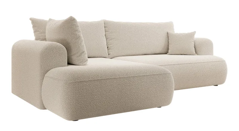 Ecksofa mit Schlaffunktion Ovo, L-förmig, mit Armlehne und Stauraum, beige Bouclé, linksseitig