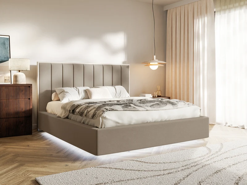 Polsterbett 140x200 cm Togents mit Stauraum und LED-Beleuchtung, Metallrahmen, brauner hydrophober Samt