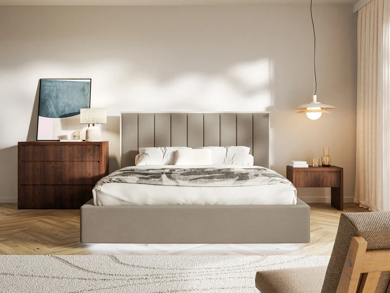 Polsterbett 140x200 cm Togents mit Stauraum und LED-Beleuchtung, Metallrahmen, brauner hydrophober Samt