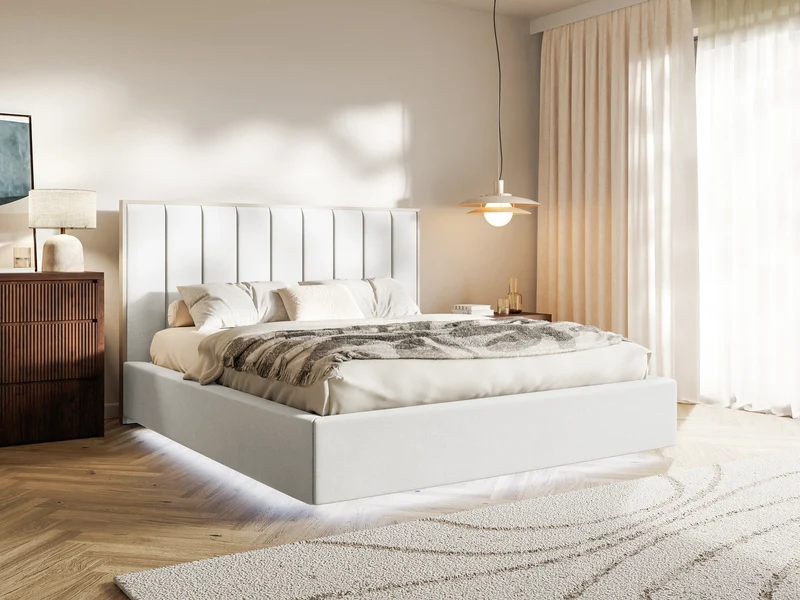Polsterbett 160x200 cm Togents mit LED-Beleuchtung, weißer Velours, wasserabweisend