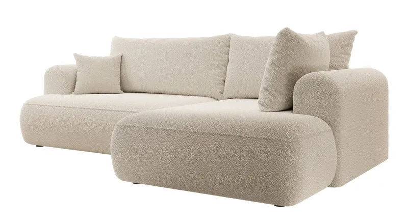 Ecksofa mit Schlaffunktion Ovo, L-förmig, mit Armlehne und Stauraum, beige Bouclé, rechtsseitig