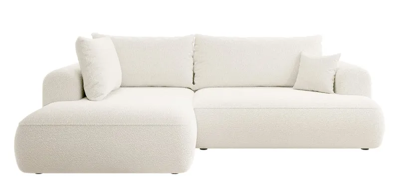 Ecksofa mit Schlaffunktion Ovo, L-förmig, mit Armlehne und Stauraum, cremefarbener Bouclé-Stoff, linksseitig