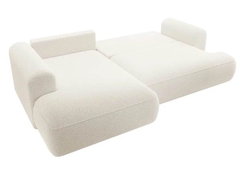 Ecksofa mit Schlaffunktion Ovo, L-förmig, mit Armlehne und Stauraum, cremefarbener Bouclé-Stoff, linksseitig
