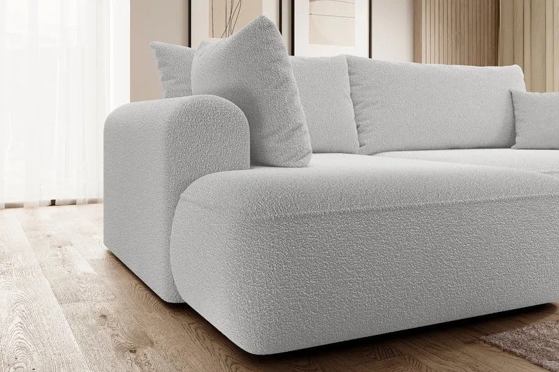 Ecksofa mit Schlaffunktion Ovo, L-förmig, mit Armlehne und Stauraum, grauer Bouclé, linksseitig