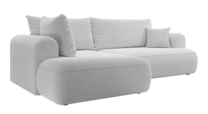 Ecksofa mit Schlaffunktion Ovo, L-förmig, mit Armlehne und Stauraum, grauer Bouclé, linksseitig