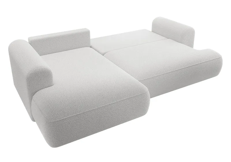 Ecksofa mit Schlaffunktion Ovo, L-förmig, mit Armlehne und Stauraum, grauer Bouclé, linksseitig