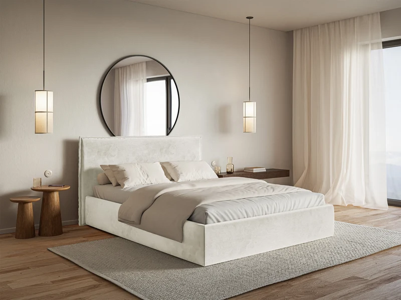 Polsterbett 180x200 cm Softie Slim mit Stauraum, grau-beiger wasserabweisender Samt, Metallrahmen