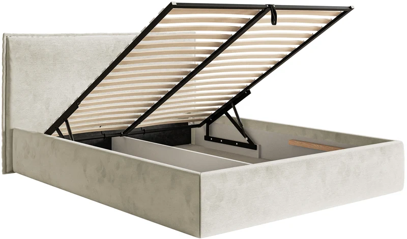Polsterbett 180x200 cm Softie Slim mit Stauraum, grau-beiger wasserabweisender Samt, Metallrahmen