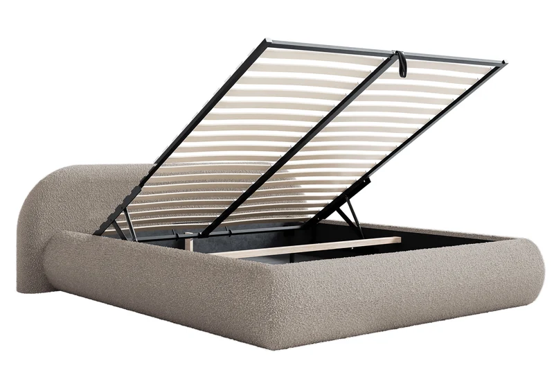Gepolstertes Bett 160x200 cm Shels Low mit Stauraum, Metallrahmen, grau-beiges Bouclé