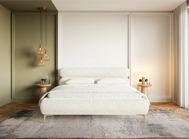 Polsterbett 140x200 cm Roule mit Stauraum, Metallrahmen, cremefarbenes Chenille, goldene Beine