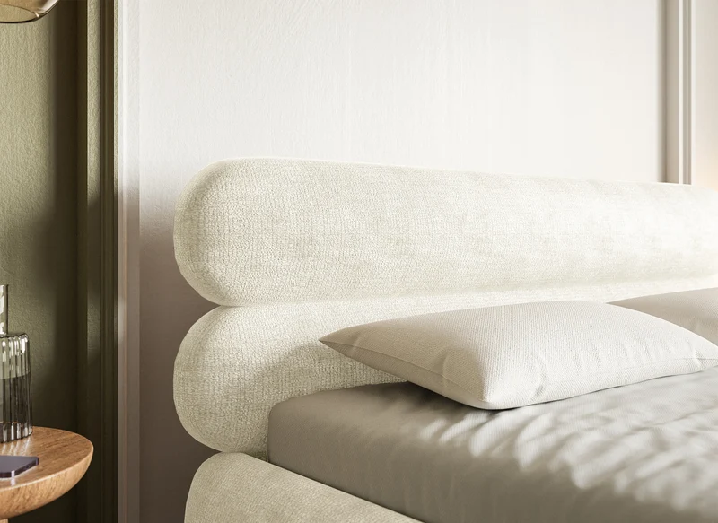 Polsterbett 160x200 cm Roule, cremefarbener Chenille-Stoff, schwarze Füße