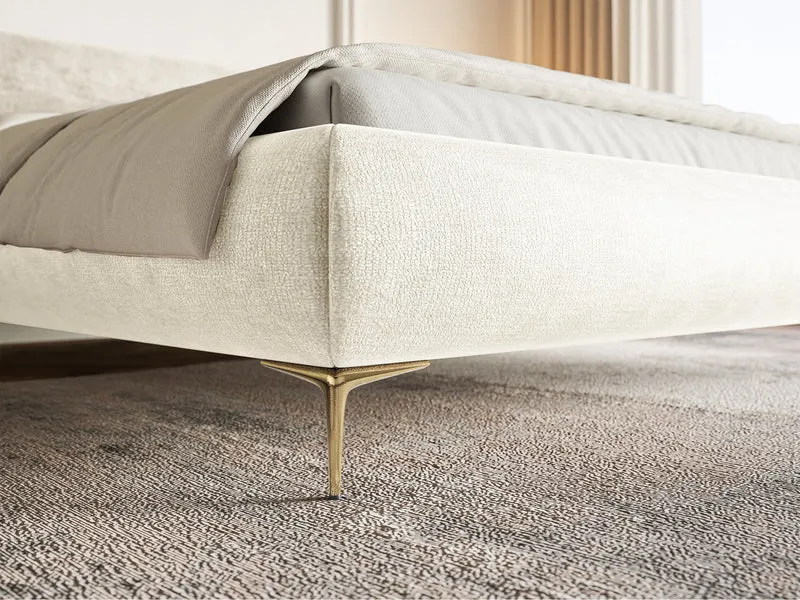 Polsterbett 140x200 cm Roule mit Stauraum, Metallrahmen, cremefarbenes Chenille, goldene Beine