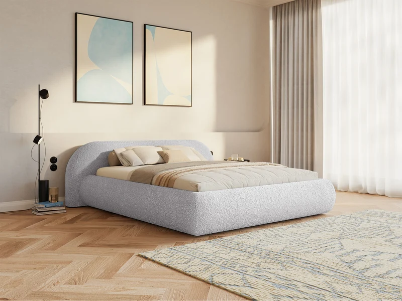 Polsterbett 140x200 cm Shels Low mit Stauraum, Metallrahmen, hellgrauer Bouclé-Stoff