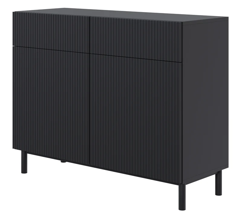 Zweiturige Kommode Veldio New mit gefräster Front und zwei Schubladen, 100 cm, schwarz