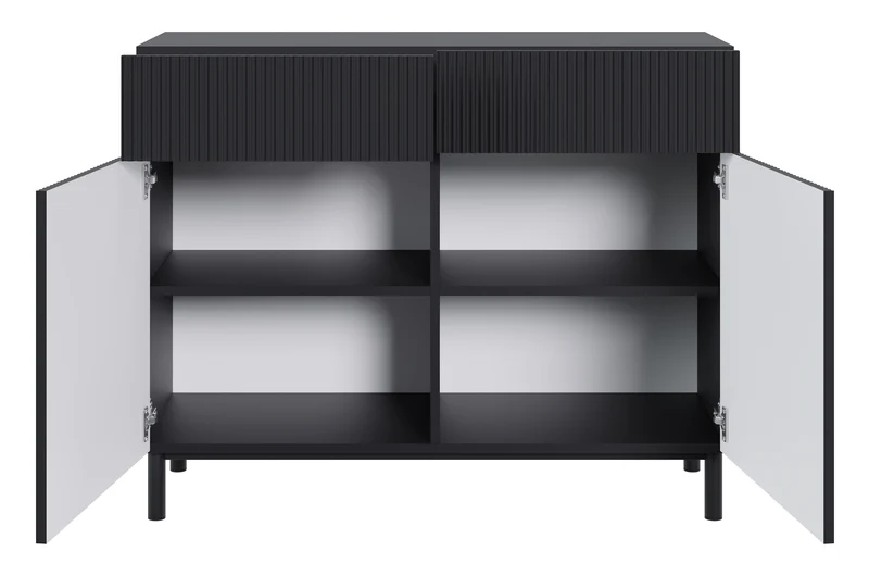 Zweiturige Kommode Veldio New mit gefräster Front und zwei Schubladen, 100 cm, schwarz