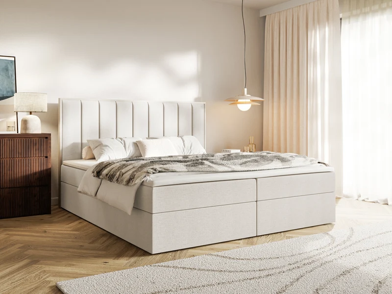 Kontinentales Bett 160x200 cm Togents mit Stauraum und Topper, hellbeige Chenille, wasserabweisend
