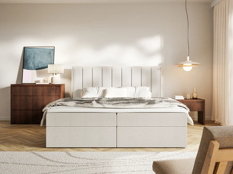 Kontinentales Bett 160x200 cm Togents mit Stauraum und Topper, hellbeige Chenille, wasserabweisend
