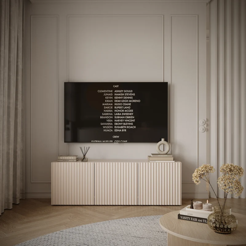 Drehtüriger TV-Schrank Sunds mit gerillten Fronten, 150 cm, Kaschmir