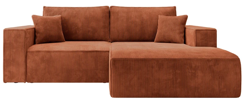 Ecksofa mit Schlaffunktion Farese Mini, L-förmig, rechtsseitig, mit Stauraum, kupferfarbener Cordstoff