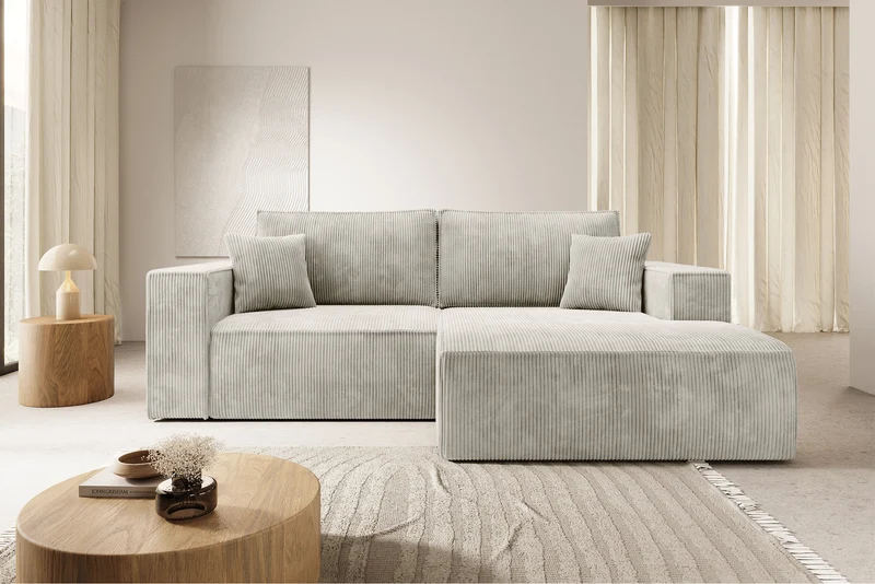 Ecksofa mit Schlaffunktion Farese Mini, L-förmig, rechtsseitig, mit Stauraum, fliederfarbener Cordstoff