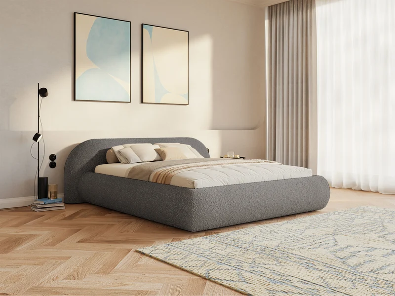 Polsterbett 180x200 cm Shels Low mit Stauraum, Metallrahmen, braunes Bouclé