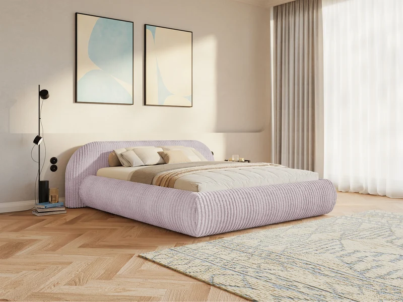 Polsterbett 140x200 cm Shels Low mit Stauraum, Metallrahmen, dickes rosa Cordstoff