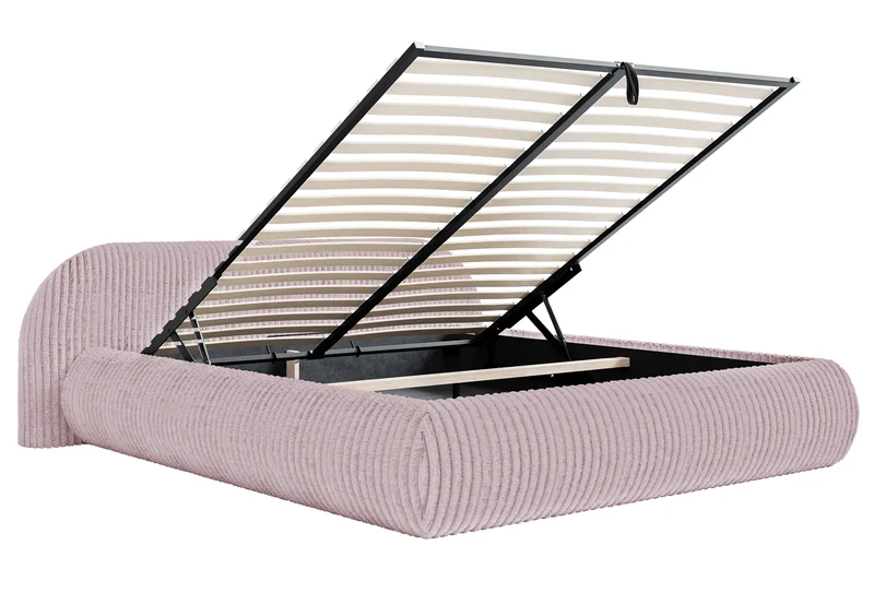 Polsterbett 140x200 cm Shels Low mit Stauraum, Metallrahmen, dickes rosa Cordstoff