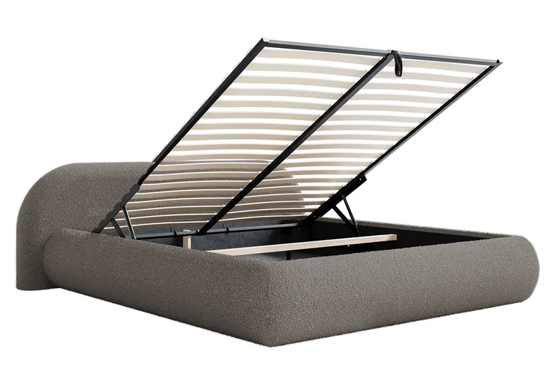 Polsterbett 160x200 cm Shels Low mit Stauraum, Metallrahmen, braunes Bouclé