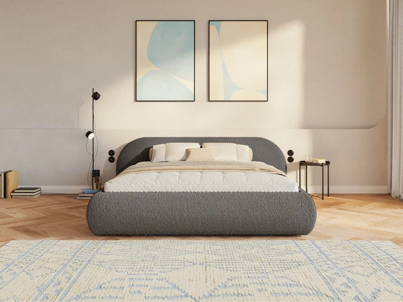 Polsterbett 160x200 cm Shels Low mit Stauraum, Metallrahmen, braunes Bouclé