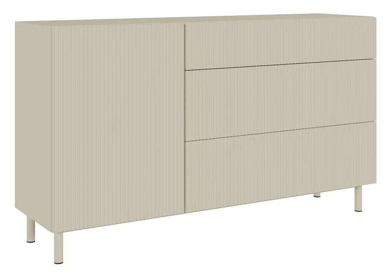 Einzeltür-Kommode Veldio New mit gefräster Front und drei Schubladen, 140 cm, grau-beige