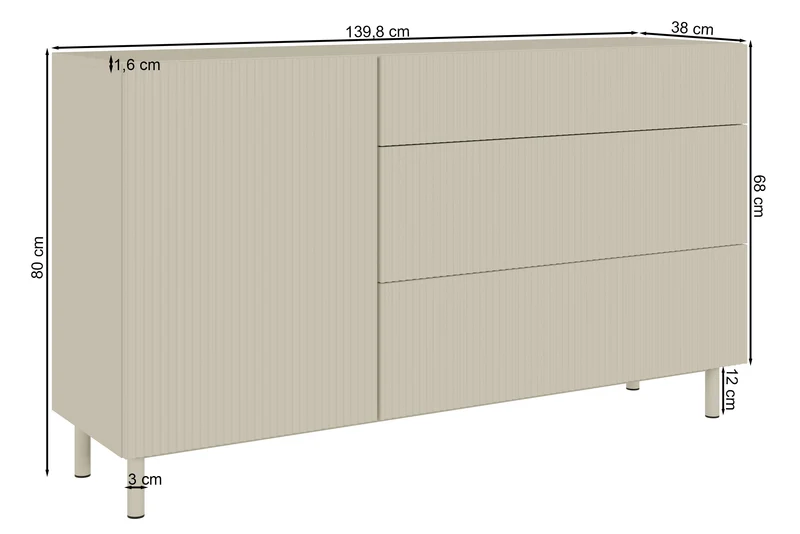 Einzeltür-Kommode Veldio New mit gefräster Front und drei Schubladen, 140 cm, grau-beige