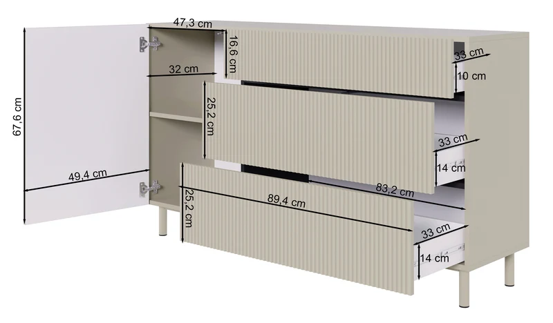 Einzeltür-Kommode Veldio New mit gefräster Front und drei Schubladen, 140 cm, grau-beige