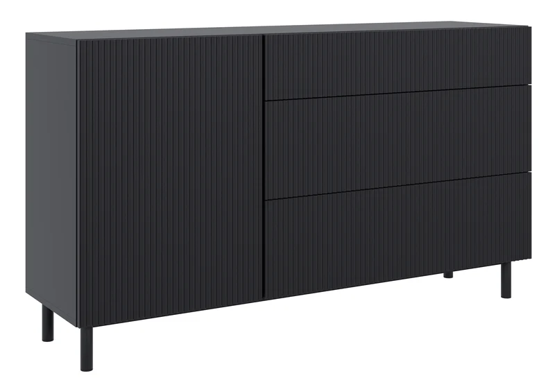 Einzeltür-Kommode Veldio New mit gefräster Front und drei Schubladen, 140 cm, grau-beige