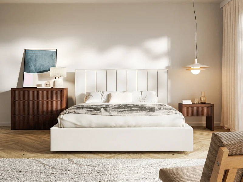 Polsterbett 180x200 cm Togents mit Stauraum, Metallrahmen, cremefarben, Velours, wasserabweisend