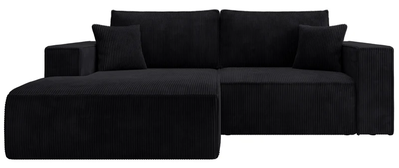 Ecksofa mit Schlaffunktion Farese Mini, L-förmig, linksseitig, mit Stauraum, schwarzer Cordstoff