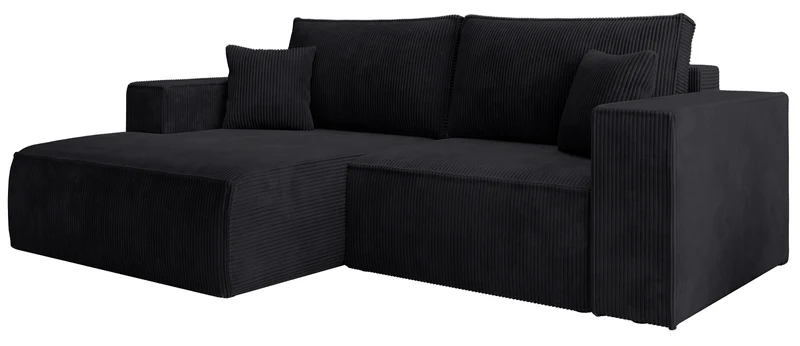 Ecksofa mit Schlaffunktion Farese Mini, L-förmig, linksseitig, mit Stauraum, schwarzer Cordstoff
