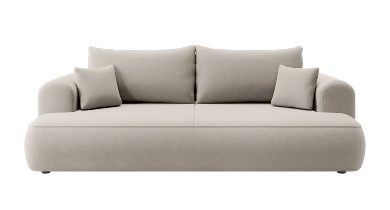Dreisitziges ausziehbares Sofa Ovo mit Stauraum, cremefarbener Samt aus leicht zu reinigendem Stoff