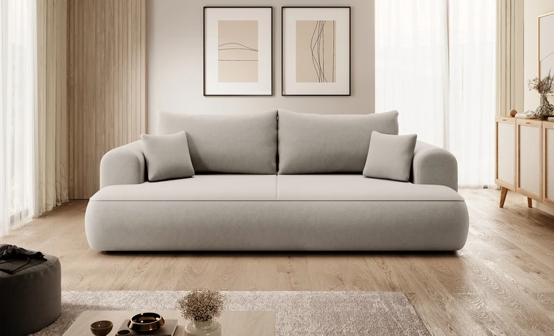 Dreisitziges ausziehbares Sofa Ovo mit Stauraum, cremefarbener Samt aus leicht zu reinigendem Stoff