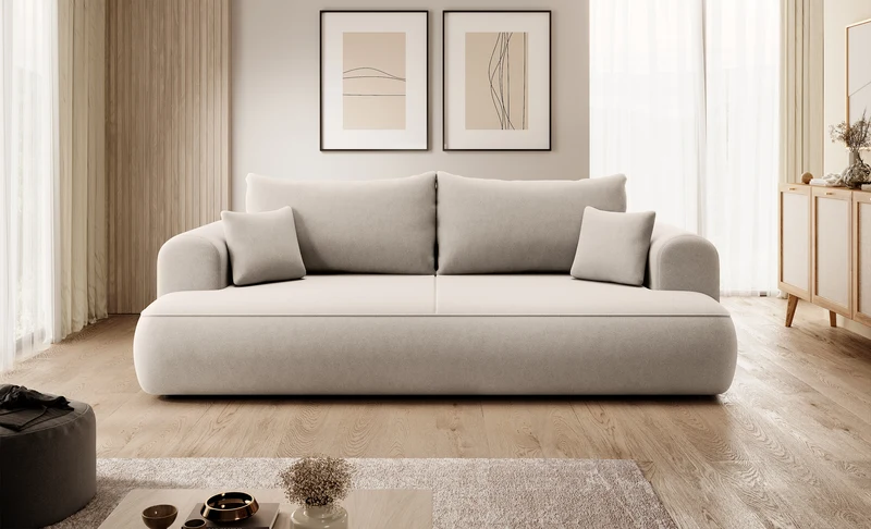 Dreisitziges ausklappbares Sofa Ovo mit Stauraum, hellbeiger Velours aus leicht zu reinigendem Stoff
