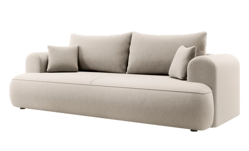 Dreisitziges ausklappbares Sofa Ovo mit Stauraum, hellbeiger Velours aus leicht zu reinigendem Stoff