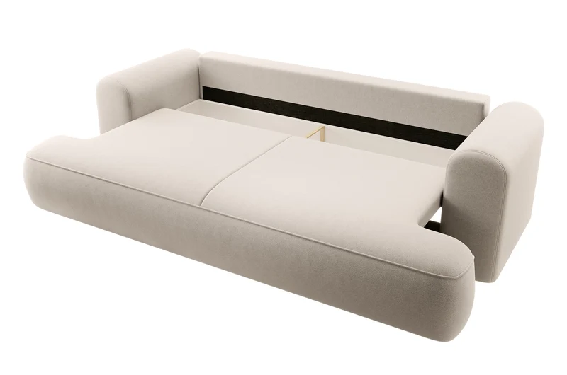 Dreisitziges ausklappbares Sofa Ovo mit Stauraum, hellbeiger Velours aus leicht zu reinigendem Stoff