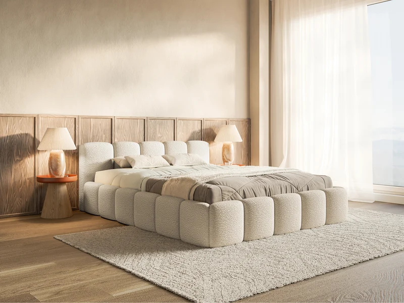 Polsterbett 140x200 cm Cloudy Low hellbeige Bouclé mit Holzlattenrost