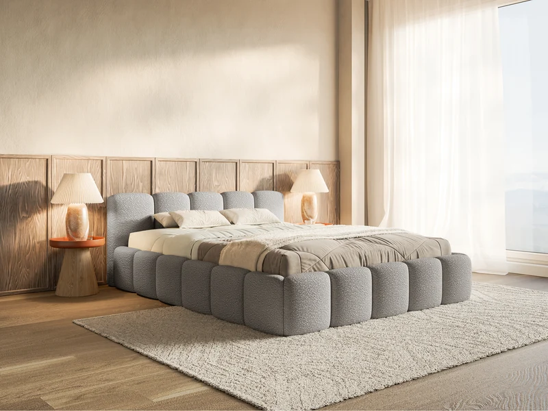 Polsterbett 140x200 cm Cloudy Low grau Bouclé mit Holzlattenrost