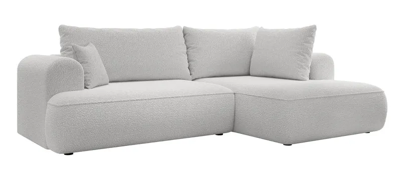 Ecksofa mit Schlaffunktion Ovo, L-förmig, mit Armlehne und Stauraum, grauer Bouclé, rechtsseitig